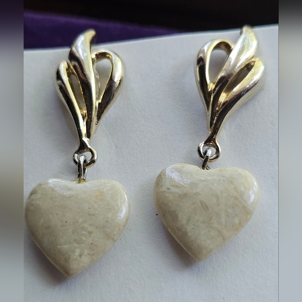 Gold tone drop earrings with white stone heart